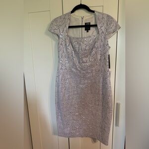 Jax Gray Sheath Dress with Flutter Cap Sleeves and Cowl Neck